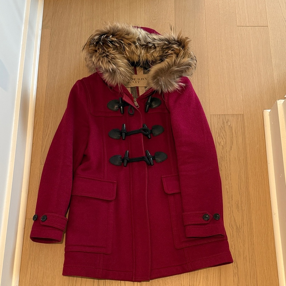 Burberry Women's Burgundy Peacoat with Fur Hood